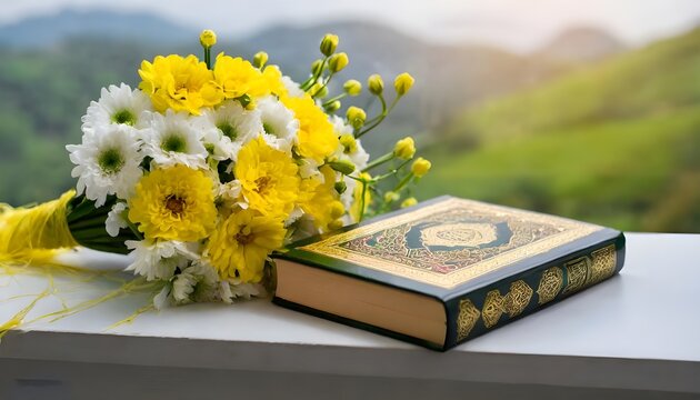 foto de un libro Cor&aacute;n con un ramo de flores
