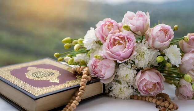 foto de un libro Cor&aacute;n con un ramo de flores