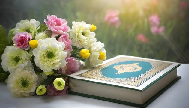 foto de un libro Cor&aacute;n con un ramo de flores