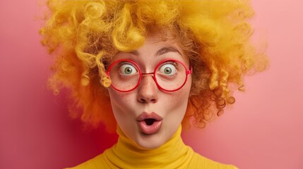 woman with expression of surprise and amazement with wig on color background