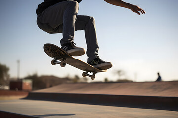 Male skateboarder doing a trick in a skate park - obrazy, fototapety, plakaty