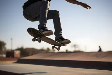 Afwasbaar fotobehang Male skateboarder doing a trick in a skate park © Kenishirotie