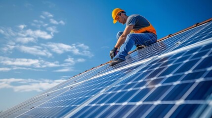 worker installing solar panels on the roof