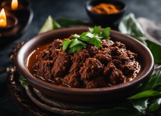 Indonesian beef rendang in a bowl garnished with fresh coriander