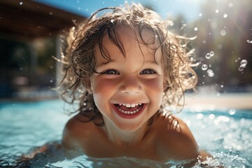 Ecstatic curly-haired kid in the swimming pool