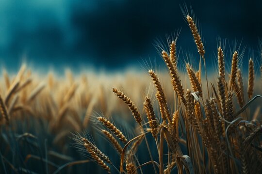 Photo of dark, moody wheat fields. The image depicts close up shots of wheat stalks.