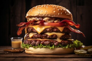 A mouthwatering triple cheeseburger with bacon and tomato - obrazy, fototapety, plakaty
