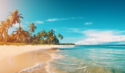 Tropical beach with palm trees and blue sky.