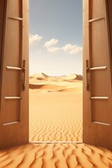 Wooden door opening to a desert landscape