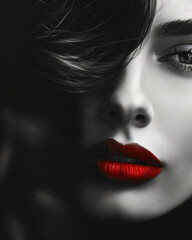 Iconic black and white portrait photography, fashion model facing the camera with red lips