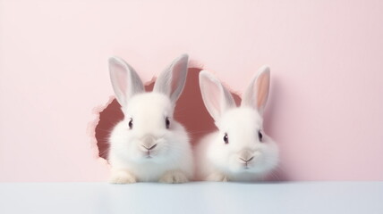 Obraz premium Two cute white easter rabbits peeking out from hole in pink wall. Copy space 