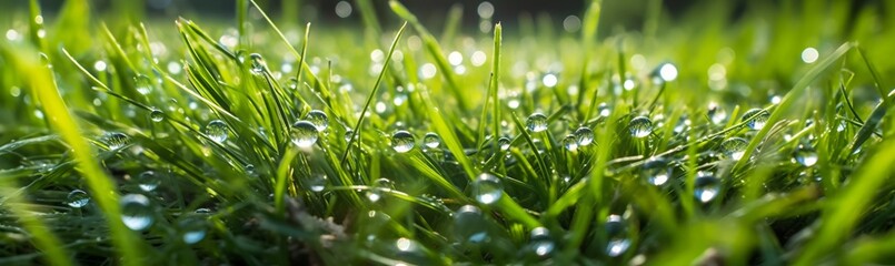 Drops of water on green grass glisten in morning.