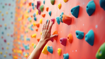 Closeup of a colorful climbing wall, with various hand and foot holds. - obrazy, fototapety, plakaty