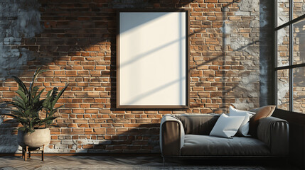 Interior of modern style home, shot straight on with a large brick blank wall for art frame mock up
