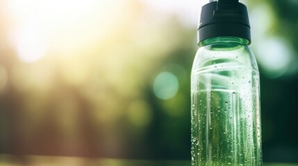 Closeup of a sweating water bottle after an intense workout, signifying dedication to staying hydrated. - obrazy, fototapety, plakaty