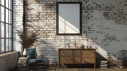 Interior of modern style home, shot straight on with a large brick blank wall for art frame mock up