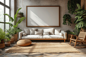 Interior of modern style home, shot straight on with a large blank wall for art frame mock up - Powered by Adobe