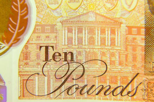 London, UK, 2 January 2024: British pounds &pound;10 sterling banknote closeup with selective focus 