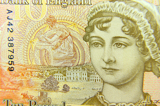 London, UK, 2 January 2024: Close up of the reverse of a &pound;10 note from the United Kingdom featuring a portrait of the author Jane Austen with with selective focus 