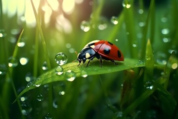 Fototapeta premium Ladybug on green leaf next to dewdrops.
