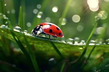Ladybug on green leaf next to dewdrops.