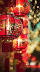 Group of Red Lanterns Hanging From Ceiling, Vibrant and Festive Decorative Lighting