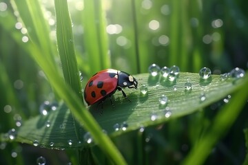 Fototapeta premium Ladybug on green leaf next to dewdrops.