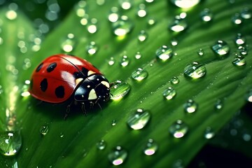 Ladybug on green leaf next to dewdrops.
