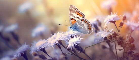 Beautiful butterfly on a flower at sunset, nature background.