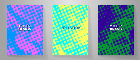 Halftone bright color set vector art background for cover design, poster, banner, flyer and cards. Colorful abstract modern design. Futuristic retro dots illustration.