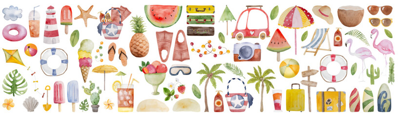 Hand-Painted Watercolor Set Of Images Includes Beach Bag, Flippers, Camera, Cocktail, And Other Summer Clipart - 711054104