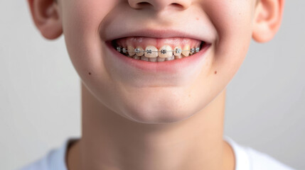 little smiling boy with metal braces on her teeth, bite correction, orthodontist, health, medicine, dentistry, oral cavity, straight, white, mouth, person, people, treatment, kid, child, children