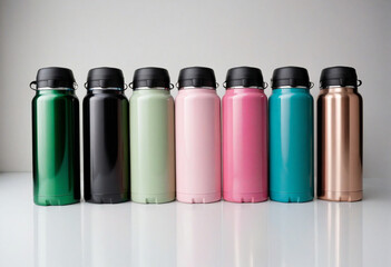 Colorful thermos bottles on white background with space for text