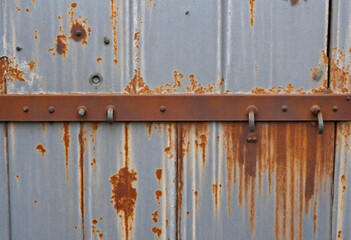 Rusty iron wall with textured background. Multiple stains and scratches on aged gray paint.