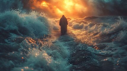 Jesus walking on water during a storm. Biblical theme concept. - Powered by Adobe
