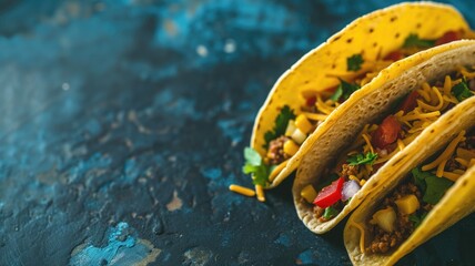 Colorful tacos with assorted fillings on blue surface