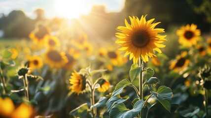 Obraz premium Golden sunflowers in a field with bright sunlight