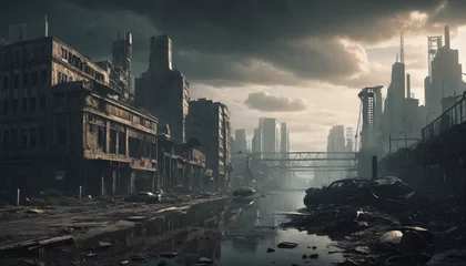 Gordijnen A futuristic cityscape with a post apocalyptic and dark tone.  © SR07XC3