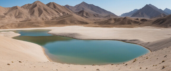 View of mountains, a lake, and a parched desert. Illustration of the impact of climate change.