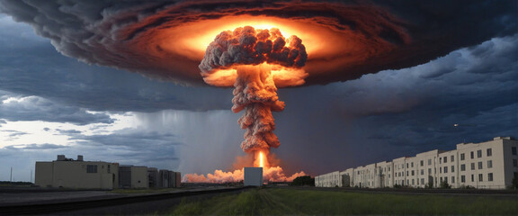 Nuclear detonation in stormy conditions, with shock wave and mushroom cloud releasing energy from uncontrolled fission. - obrazy, fototapety, plakaty