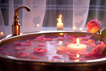 Romantic rose petal bath illuminated by soft candlelight. Delicate watercolor strokes emphasize floating petals, creating an ethereal and whimsical evening.