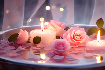 Dreamy rose petal bath, painted with soft watercolor strokes. The warm candlelight adds a gentle glow, capturing a truly whimsical and ethereal atmosphere
