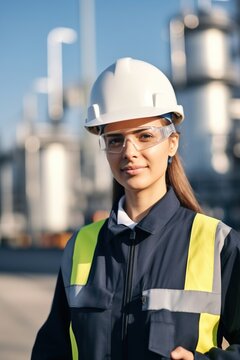 Portrait of a female engineer wearing hardhat and safety glasses at an industrial facility