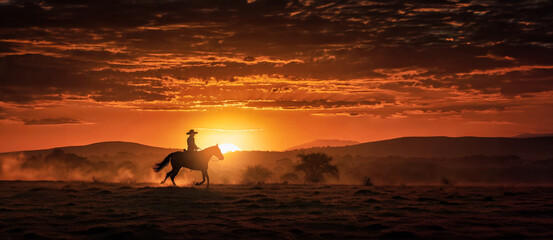 As the sun dips below the horizon, a lone cowboy on horseback rides towards the distant mountains, his silhouette casting a long shadow on the golden fields.