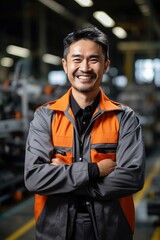 Portrait of a happy Asian male factory worker in a hard hat and safety vest standing with arms crossed in a factory