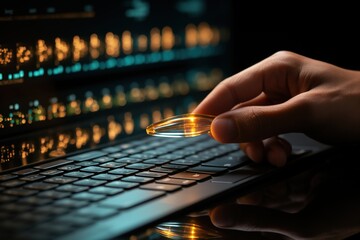 Hand holding a glowing pill above a laptop keyboard - obrazy, fototapety, plakaty