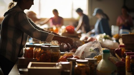 Closeup of a group of hands sorting and organizing donated items at a food bank.