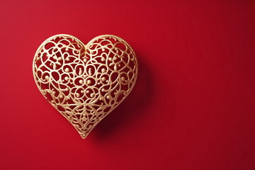 Jewelry openwork gold heart isolated on red background. Copy space