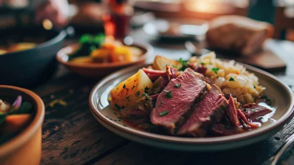 Fotobehang A close-up of a delicious corned beef dish with vegetables © Artyom