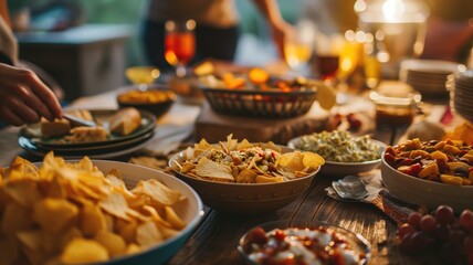 A variety of snacks on a table at a social gathering - obrazy, fototapety, plakaty